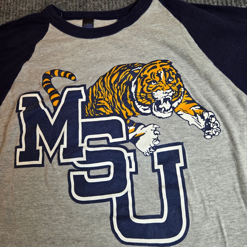 MSU Tigers Tultex Raglan T-Shirt Medium‎ Gray Blue Baseball Tee College Apparel